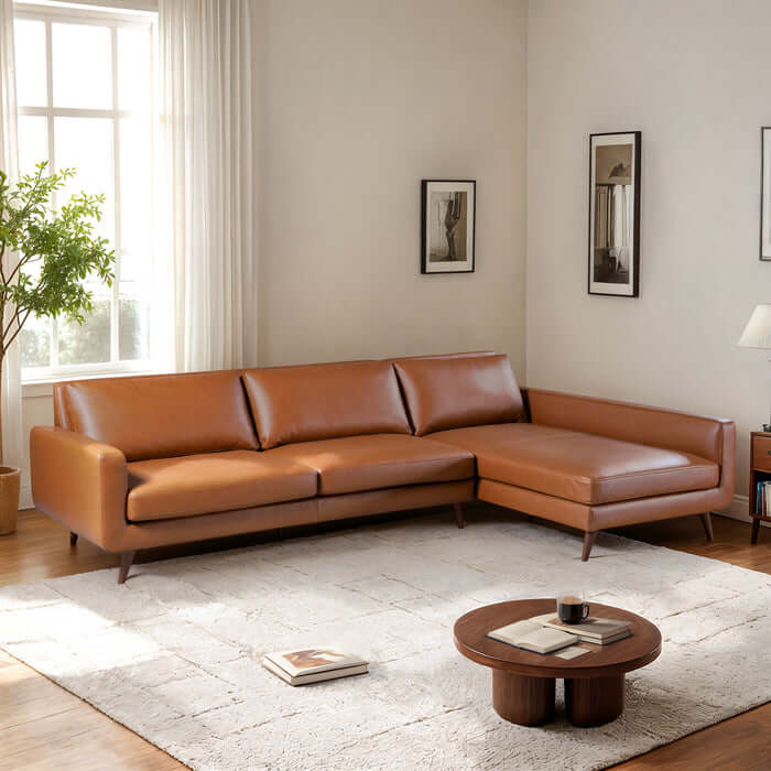 Garland MCM Faux Leather L Shaped Chaise Sofa 111" in a cozy living room setting with natural light.