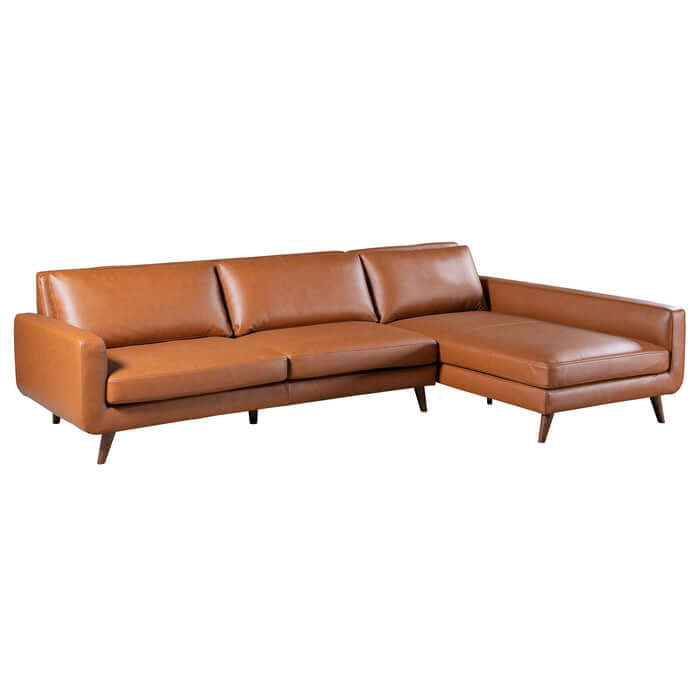 Garland MCM Faux Leather L Shaped Sectional Sofa in brown, featuring sleek design and mid-century modern style.