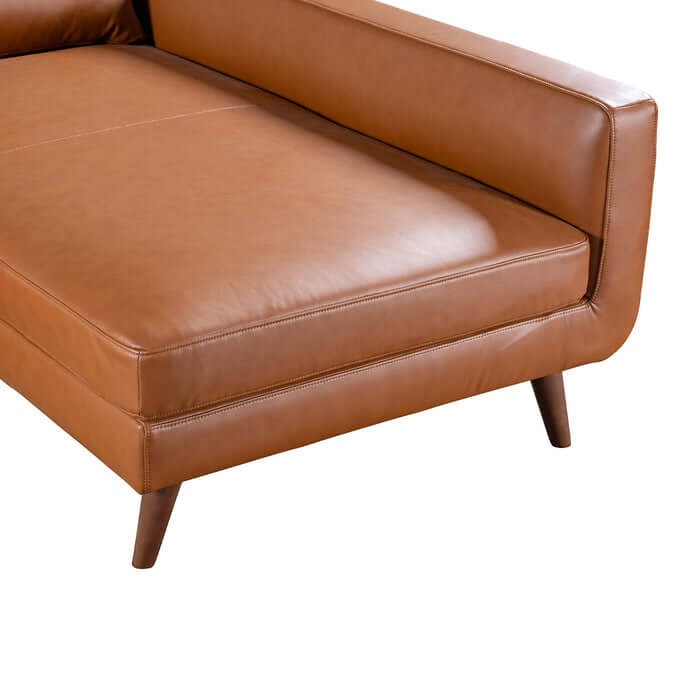 Garland MCM faux leather L shaped chaise sofa sectional in warm brown upholstery, showcasing sleek design and mid-century modern style.