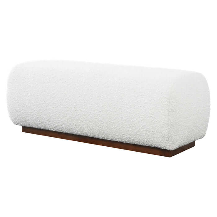 Kelvin Ivory Boucle Ottoman Bench with textured upholstery and wooden base, reflecting minimalist design and modern elegance.