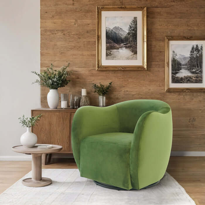 Renee Swivel Lounge Chair in Green Velvet adds elegance and comfort to any living space with its chic design.