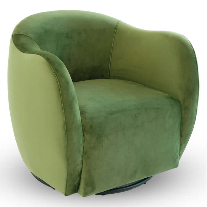 Renee Swivel Lounge Chair in Green Velvet with a modern barrel design and soft upholstery, perfect for stylish comfort.