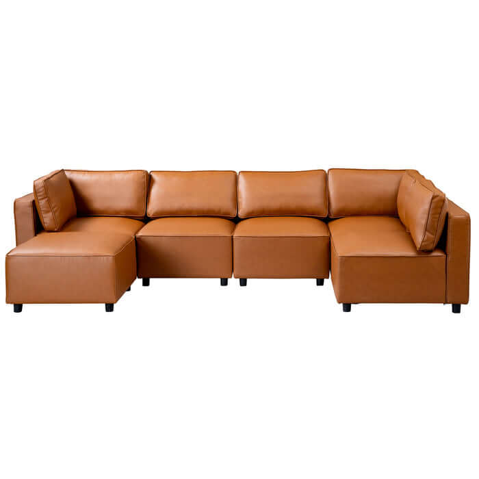Reno Cognac PU Leather Modular Sofa Sectional in sleek design and warm cognac color, perfect for modern living spaces.