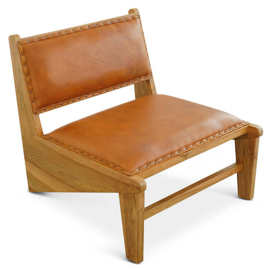 Talon solid wood armless lounge chair with tan leather upholstery, featuring a modern design and elegant craftsmanship.