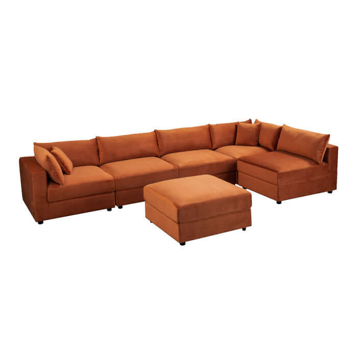 Uptown Burnt Orange Velvet Modular Sofa Sectional with ottoman in modern design, perfect for elegant and cozy living spaces.