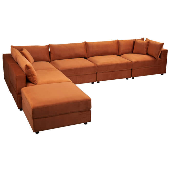 Uptown Burnt Orange Velvet Modular Sofa Sectional in L-shaped configuration with plush cushions.
