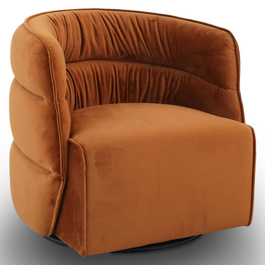 Walden tufted velvet swivel chair in warm orange, featuring mid-century design and modern comfort.