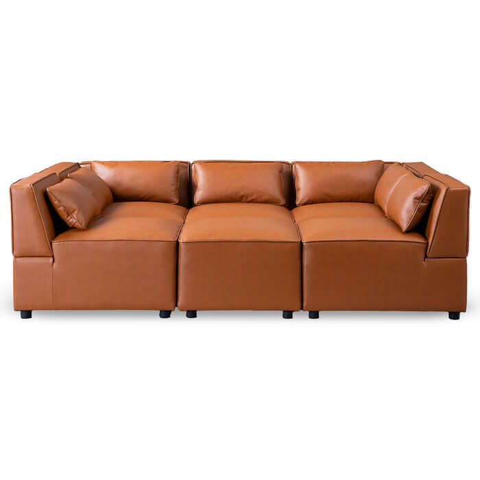 Wexford Cognac PU Leather 5 Pc Modular Sofa Sectional with plush cushions and flexible layout options.