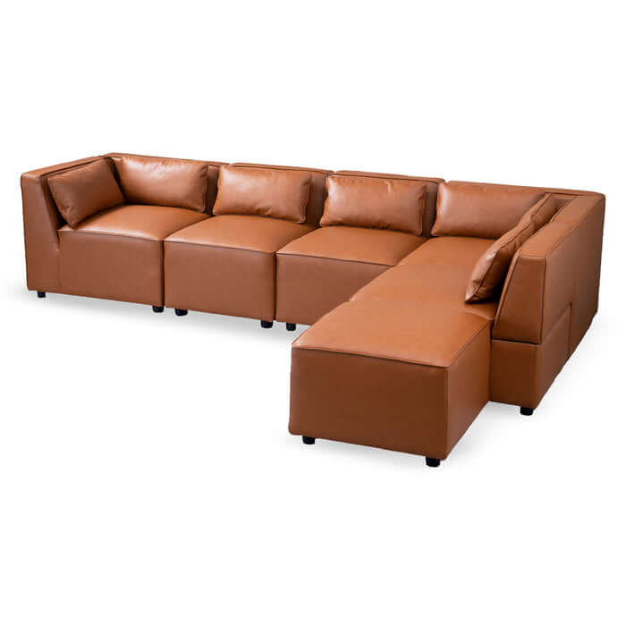 Wexford Cognac PU Leather 5 Pc Modular Sofa Sectional in modern design with plush seating and flexible arrangement options.