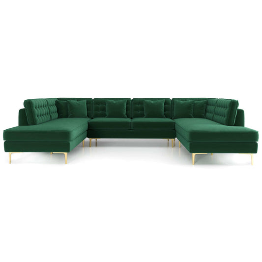 The Ashcroft Furniture Brooke MCM Velvet U-Shape Dual Chaise Sectional Sofa 131 features deep green velvet upholstery, tufted back cushions, and gold legs for plush comfort and a touch of mid-century modern style.