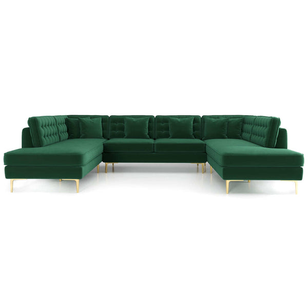 The Ashcroft Furniture Brooke MCM Velvet U-Shape Dual Chaise Sectional Sofa 131 features deep green velvet upholstery, tufted back cushions, and gold legs for plush comfort and a touch of mid-century modern style.