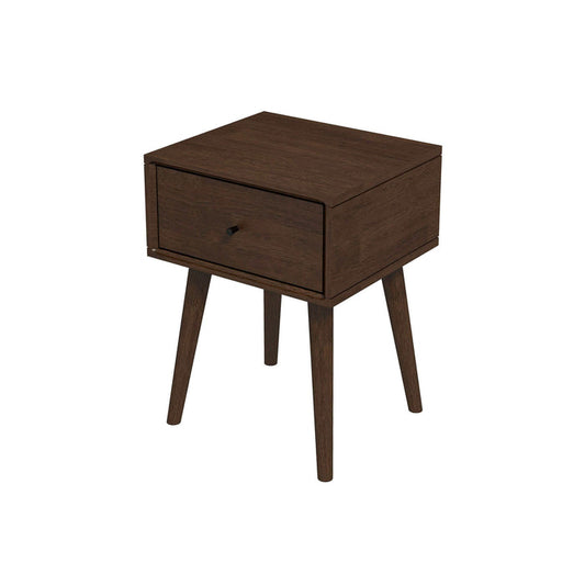 The Avery Solid Wood Nightstand with Drawer by Ashcroft Furniture Co. is a dark brown, walnut-finished piece with a single drawer and four angled legs in mid-century modern style, shown against a white background.