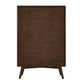 The Caroline MCM Solid Wood Bedroom Storage Dresser by Ashcroft Furniture features five drawers, a dark brown finish, simple black knobs, and angled legs—adding classic mid-century style and practical storage to your bedroom.