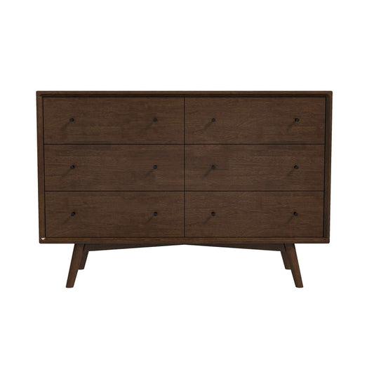 The Ashcroft Furniture Caroline MCM Solid Wood Bedroom Storage Dresser has six drawers with round black knobs, slim angled legs, and a dark brown finish in mid-century style. Perfect for bedrooms; shown against a white background.