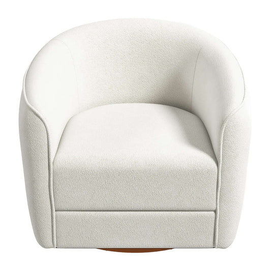 The Elise Swivel Barrel Accent Chair by Ashcroft Furniture Co. features soft, rounded edges, a plush seat in textured upholstery, a low back, and a hidden circular base for authentic Mid-Century Modern style.