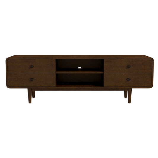 The Ashcroft Furniture Alexa MCM Solid Wood Media Console TV Stand 71 features four drawers, two central open shelves, tapered legs, a dark brown finish, and built-in cable management for an organized mid-century modern look.
