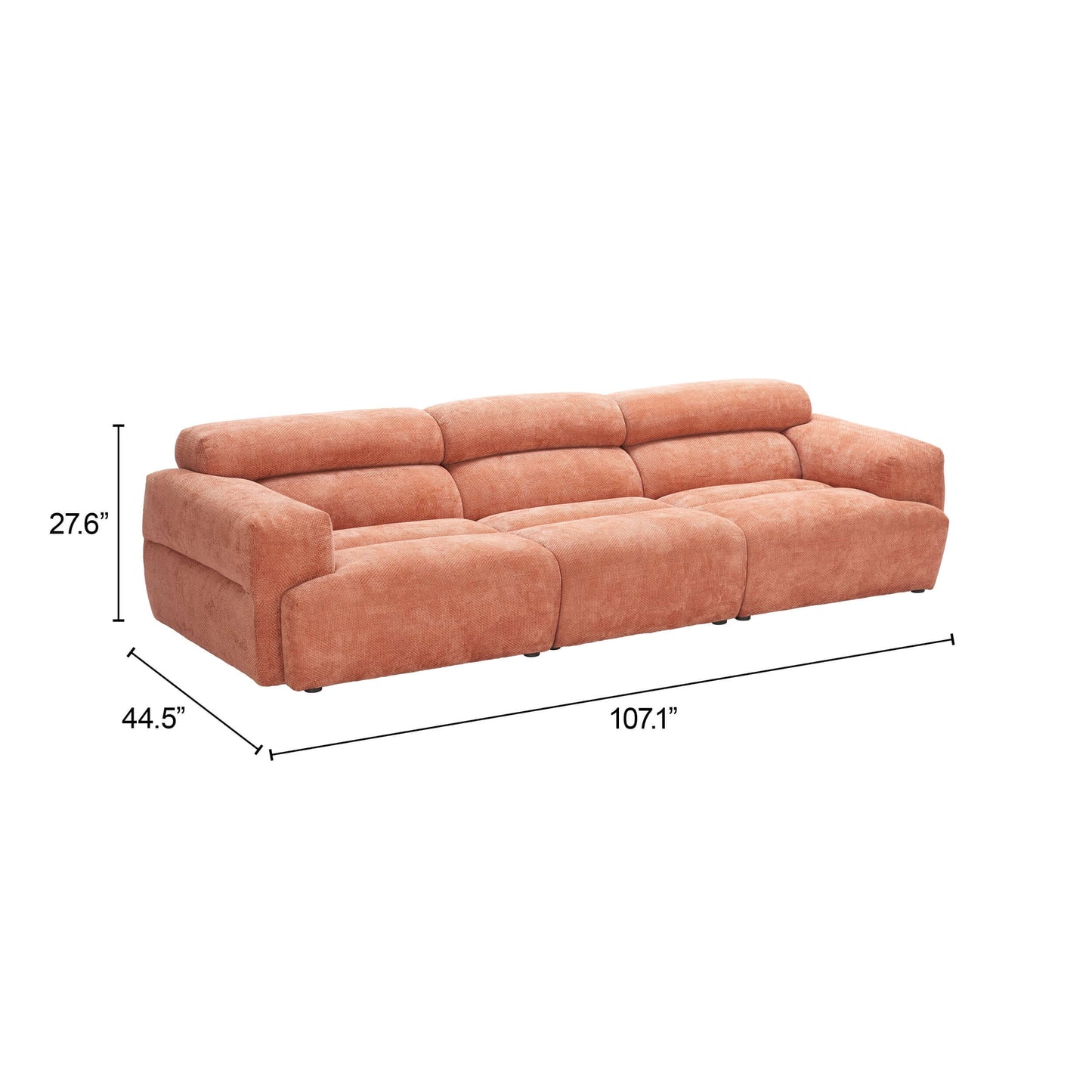Alis Orange Modular Sofa 107" | Modern Polyester Sectional Sofa dimensions illustration showing 107.1" wide and 27.6" height.