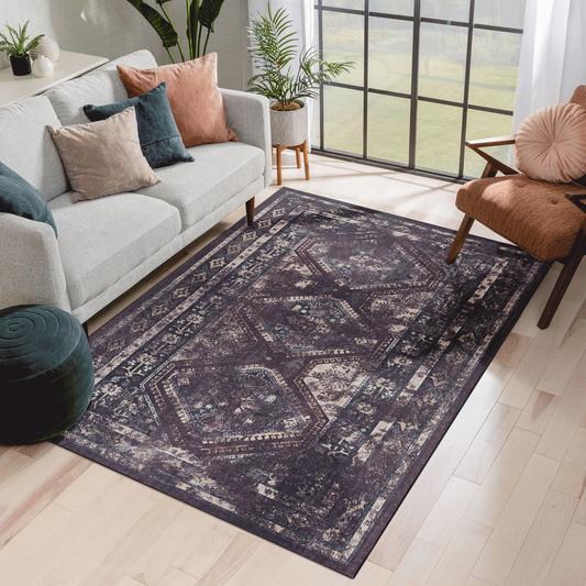 Ansel Black & Burgundy Polyester Area Rug