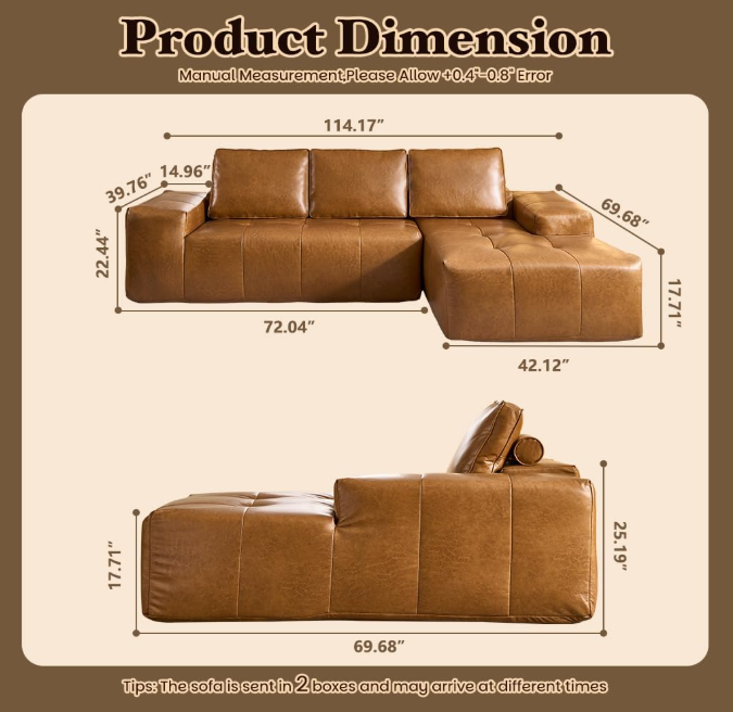 Ansel Brown Faux Leather Modular Sectional Sofa – 114.2" 3-Seat Modular Sectional Sofa – view 5