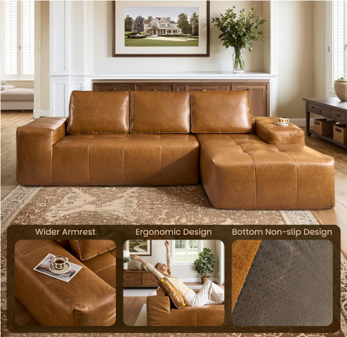 Ansel Brown Faux Leather Modular Sectional Sofa – 114.2" 3-Seat Modular Sectional Sofa – view 6