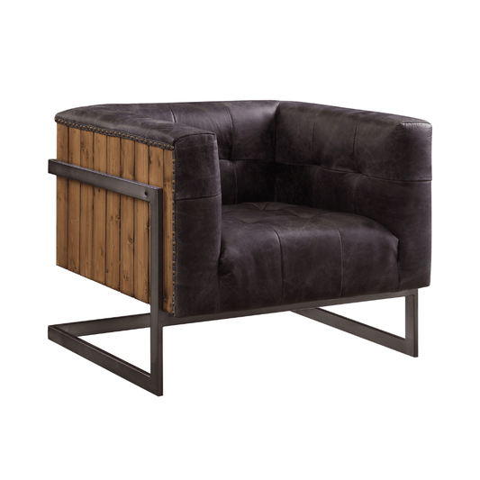 Antique Ebony Tufted Leather Accent Chair – Rustic Oak & Metal Sled Base featuring deep button tufting and rustic oak accents.
