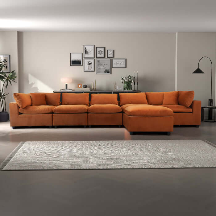 Hayward Velvet Modular Sectional Sofa 6pc in orange with plush upholstery and modern design, ideal for any living space.