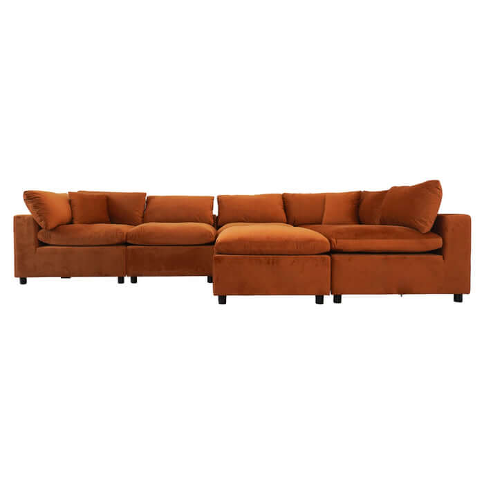 Hayward Velvet Modular Sectional Sofa in warm orange color, featuring plush cushions and a versatile modular design.