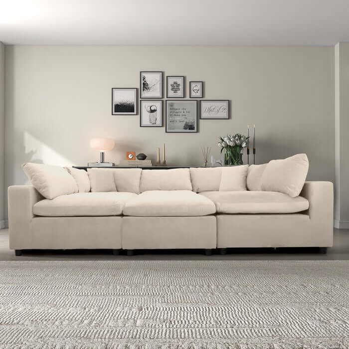 Hayward Velvet Modular Sectional Sofa in cream color, showcasing its plush upholstery and modern design for stylish living.