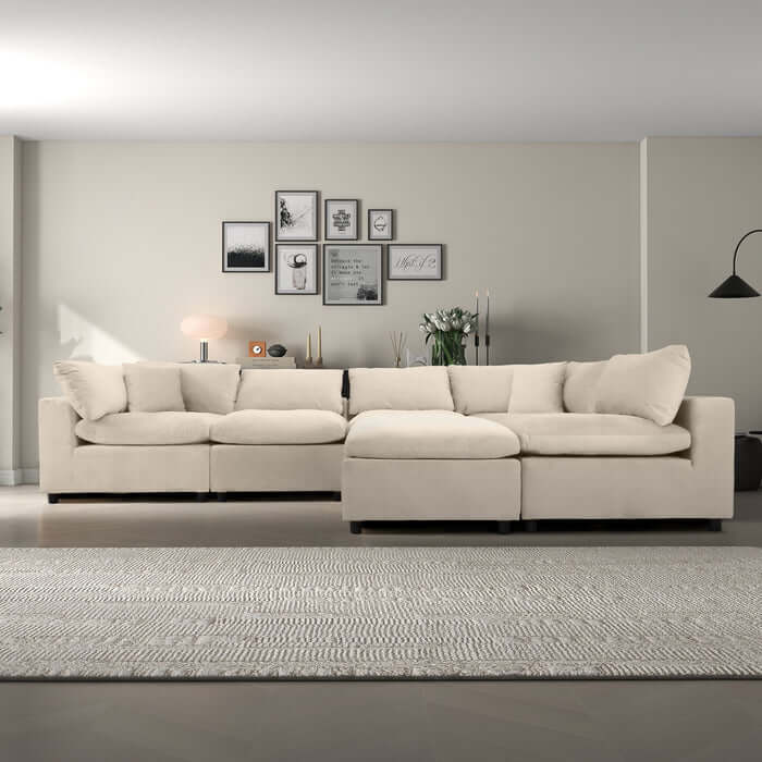 Hayward Velvet Modular Sectional Sofa in cream color, showcasing plush upholstery and versatile design for any living space.