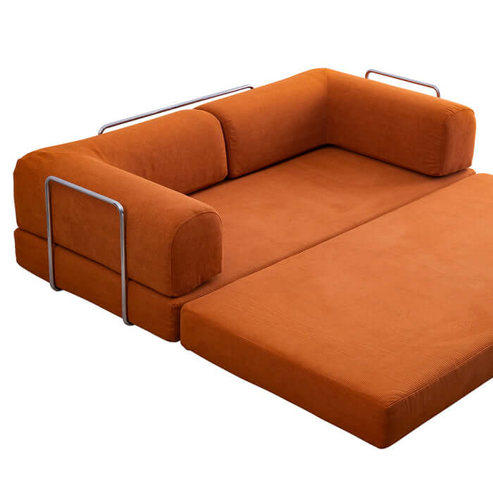 Estelle Modern Orange Corduroy Convertible Sofa Daybed in spacious open position for versatile lounging and sleeping options.