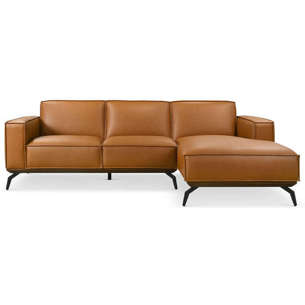 Brenham MCM Right-Facing Chaise Sofa Sectional in cognac vegan leather, 102 wide, mid-century modern style.