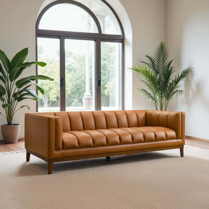 Melissa MCM Vegan Leather Sofa 90" in mid-century modern living room with plants and natural light.