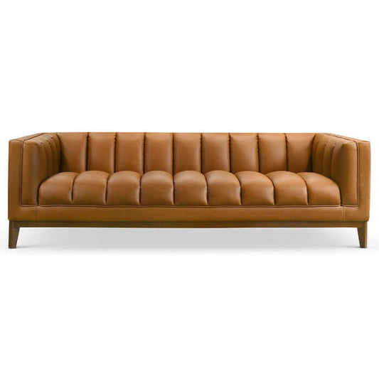 Melissa MCM Vegan Leather Sofa 90" in tan color, featuring mid-century modern design and plush tufted seating.