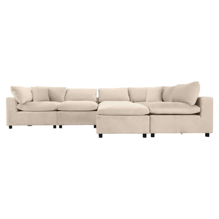 Hayward Velvet Modular Sectional Sofa 6pc in beige, offering luxury and customizable seating arrangement.