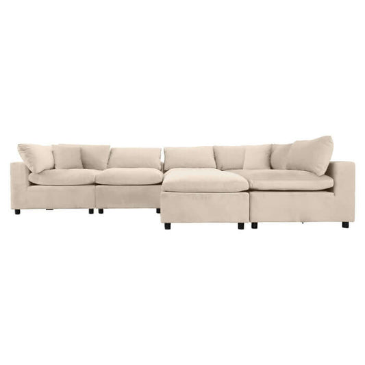 Hayward Velvet Modular Sectional Sofa 6pc in beige, offering luxury and customizable seating arrangement.