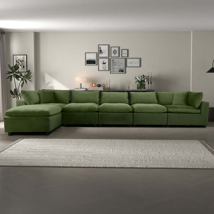 Hayward Velvet Modular Sectional Sofa in green, featuring plush upholstery, perfect for modern living spaces.