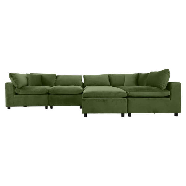 Hayward Velvet Modular Sectional Sofa 6pc in beige, offering luxury and customizable seating arrangement.