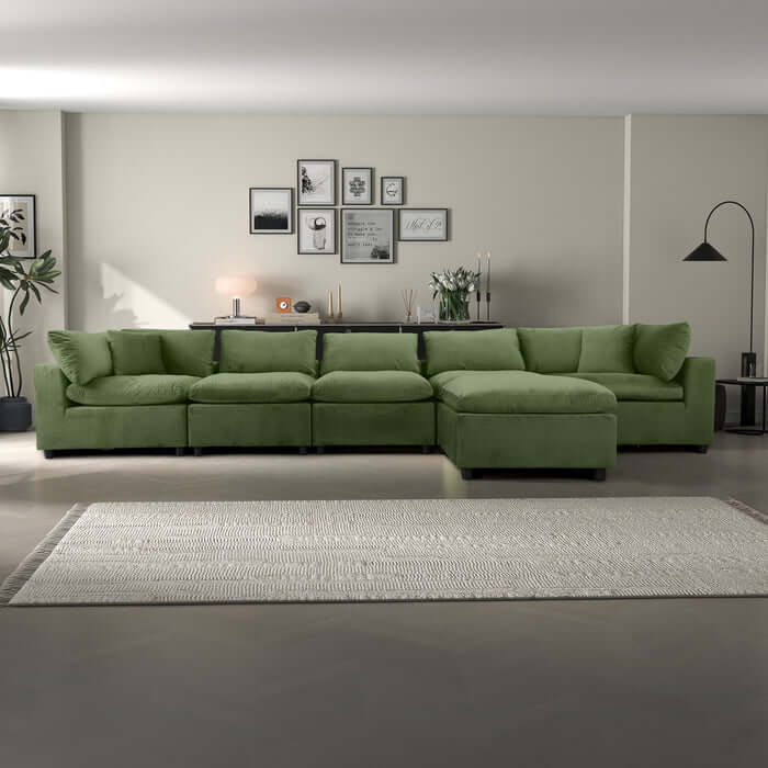 Hayward 6pc modular sectional sofa in green velvet, perfect for stylish and versatile living spaces.