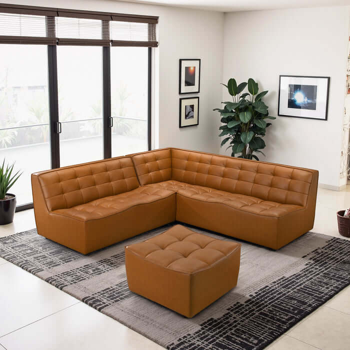 Selen MCM Vegan Leather Modular Corner Sofa Sectional with Ottoman 91" – in room setting