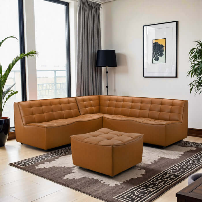 Selen MCM Vegan Leather Modular Corner Sofa Sectional with Ottoman 91" – in room setting