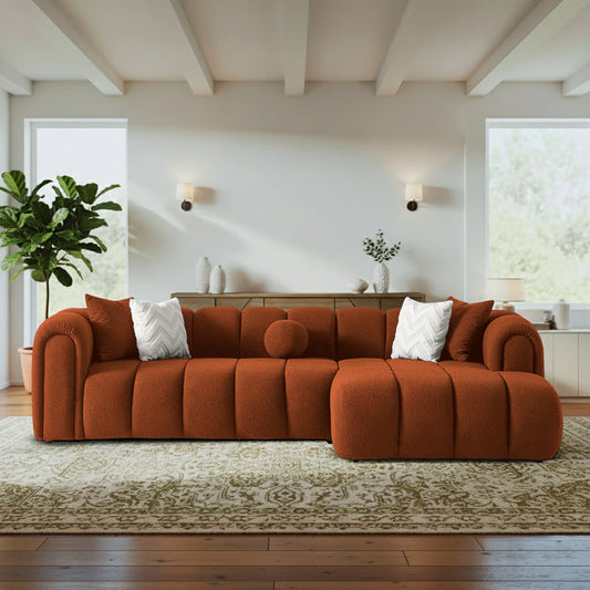 Channel Tufted Boucle Right-Facing Chaise Sofa Sectional 115” – in room setting