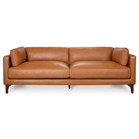 Bellrose MCM Genuine Leather Sofa 93W in rich tan leather with solid walnut legs, showcasing mid-century modern style.