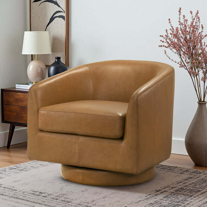 Danville Top-Grain Leather 360° Swivel Accent Chair in a stylish living room setting.