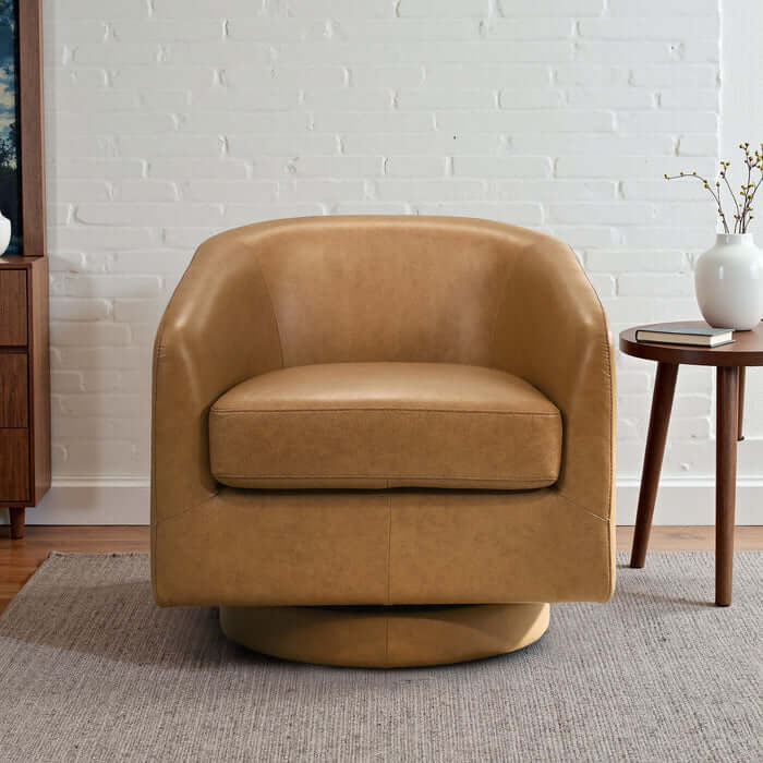 Danville Top-Grain Leather 360° Swivel Accent Chair in a cozy living room setting.