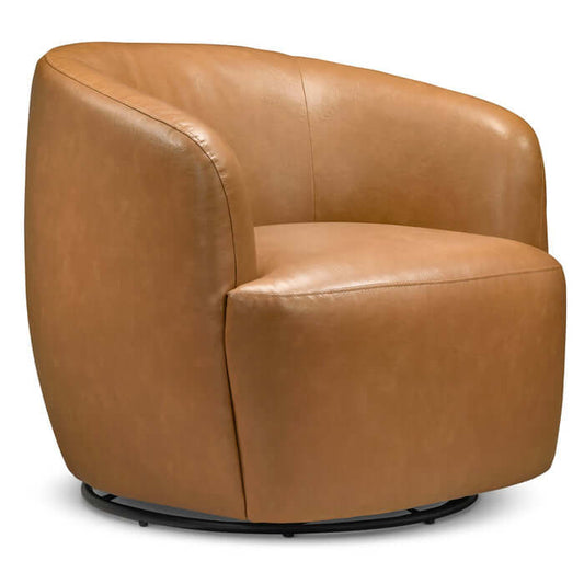 Mina Tan Vegan Leather Swivel Barrel Chair in soft tan, showcasing modern Italian-inspired design for contemporary spaces.