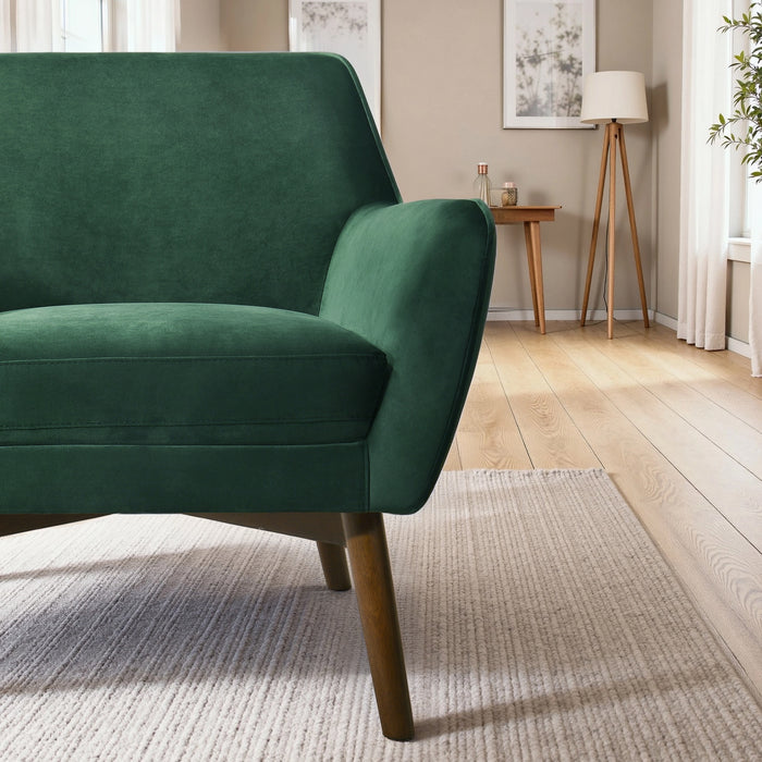 Panom MCM Lounge Chair – Boucle or Velvet Upholstered Accent Chair (Modern Mid-Century, Multi-Color Options) in green fabric.