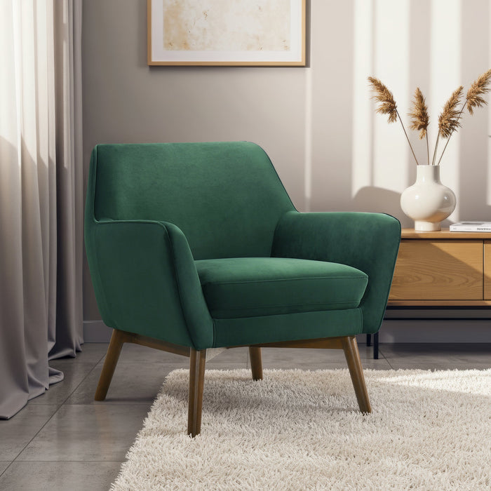 Panom MCM Lounge Chair – Boucle or Velvet Upholstered Accent Chair (Modern Mid-Century, Multi-Color Options) in green velvet.