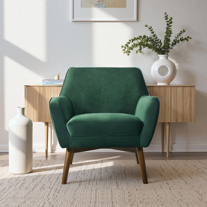 Panom MCM Lounge Chair – Boucle or Velvet Upholstered Accent Chair (Modern Mid-Century, Multi-Color Options) in green velvet.