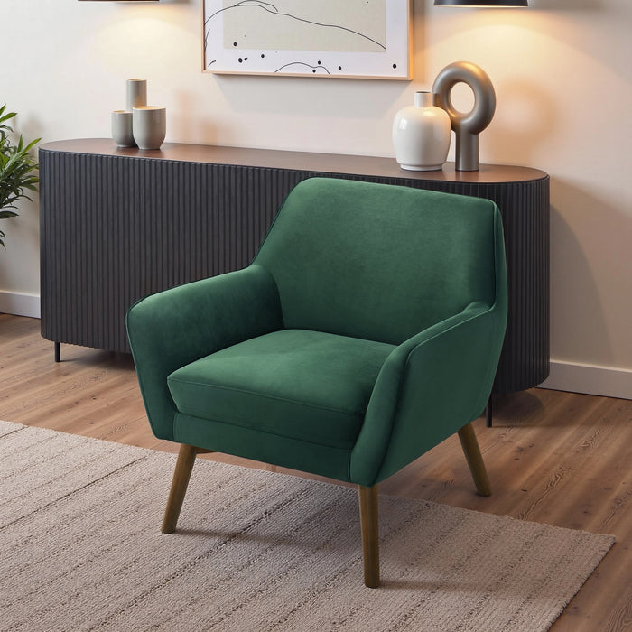 Panom MCM Lounge Chair – Boucle or Velvet Upholstered Accent Chair (Modern Mid-Century, Multi-Color Options) in green velvet.
