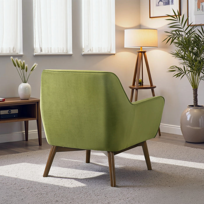 Panom MCM Lounge Chair – Boucle or Velvet Upholstered Accent Chair (Modern Mid-Century, Multi-Color Options) in green velvet.